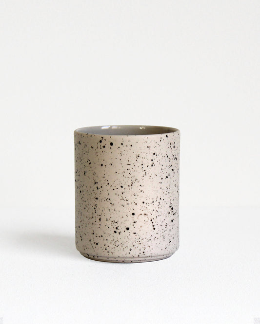 Forme Collection coffee mug in sand and speckled stoneware, glazed inside and unglazed outside, handmade, minimalist design