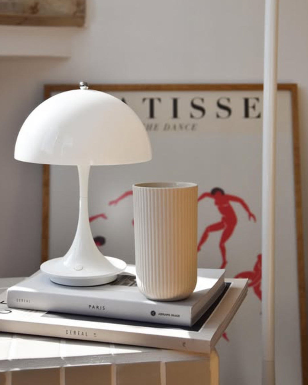 Tall Column mug in sand on a table setting, handmade stoneware with glazed interior and unglazed exterior, Archive Studio