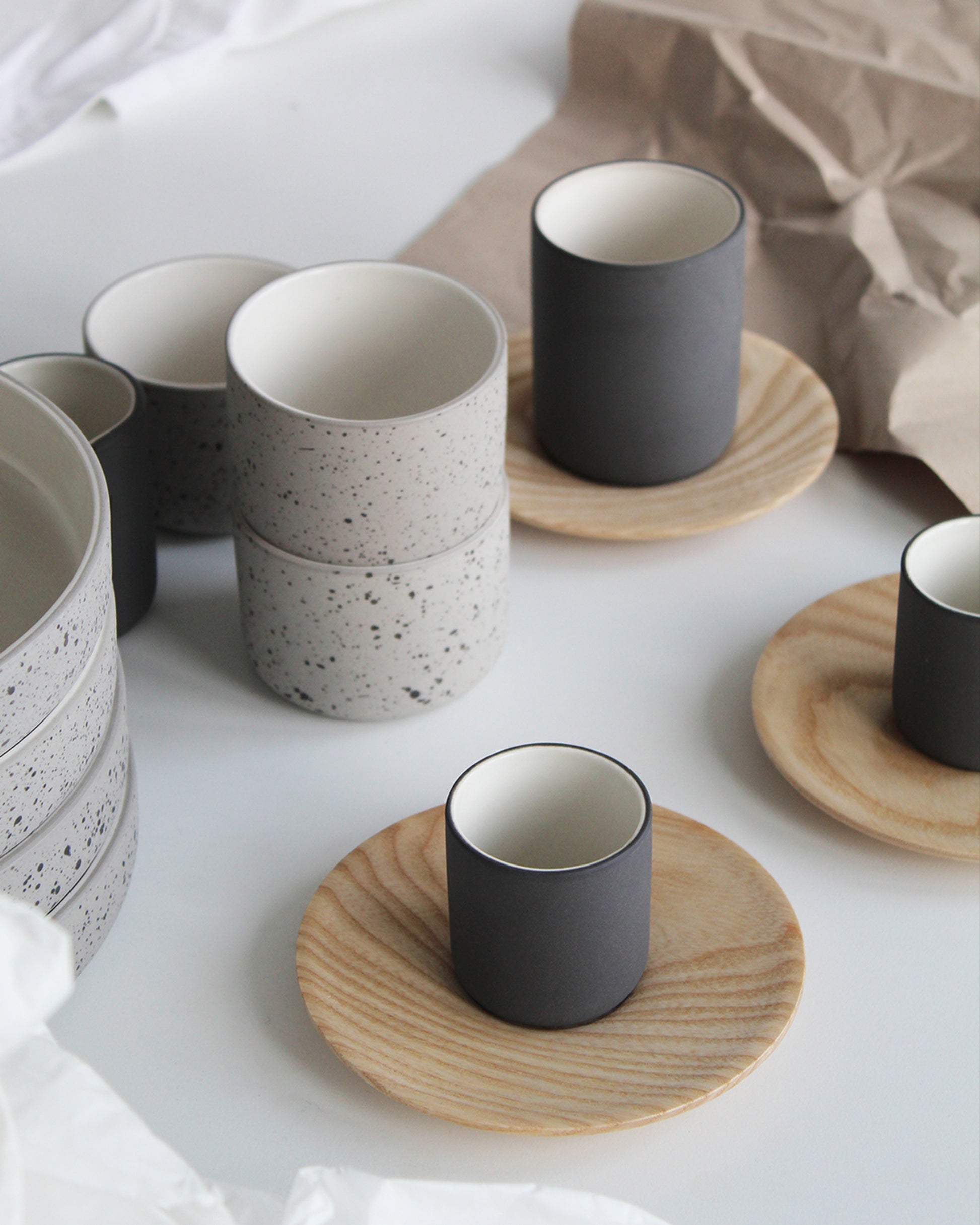 Light grey speckled and white Cappuccino mug Fundament by Archive Studio, modern and timeless design