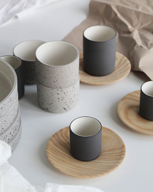 Light grey speckled and white Cappuccino mug Fundament by Archive Studio, modern and timeless design