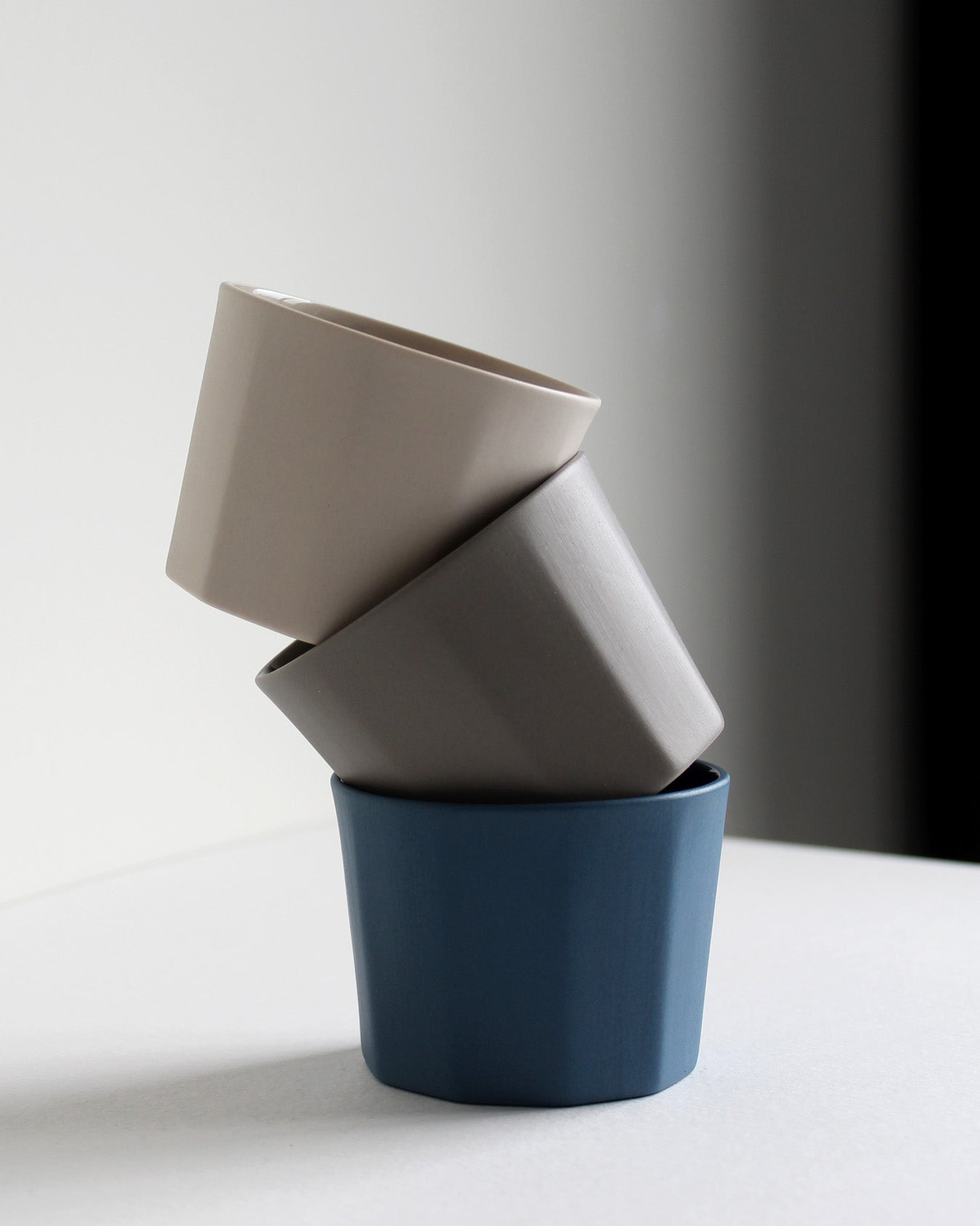 cappuccino mug Segmented collection in blue, light grey and sand. Durable stoneware with textured exterior and smooth glazed interior